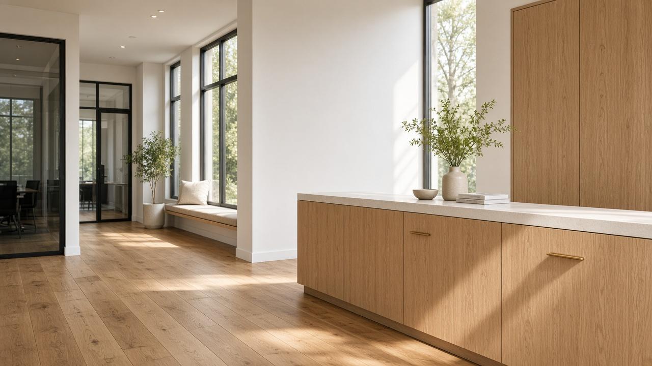 Commercial reception with a light oak desk, a quartz counter, and a wood floor continuing toward glass offices