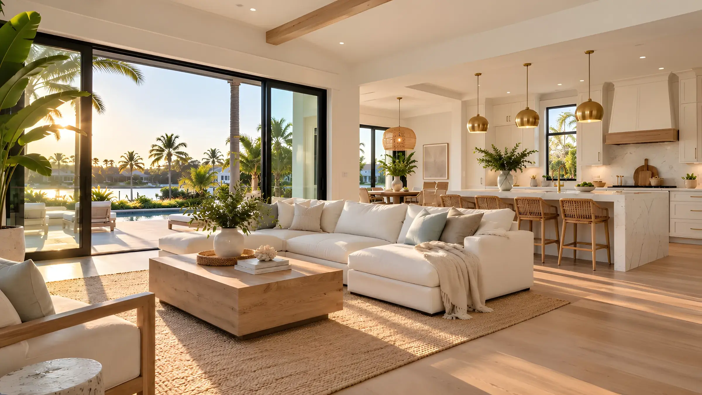 Open living room and kitchen with a linen sectional, light wood floors, and sliding doors to a waterfront patio