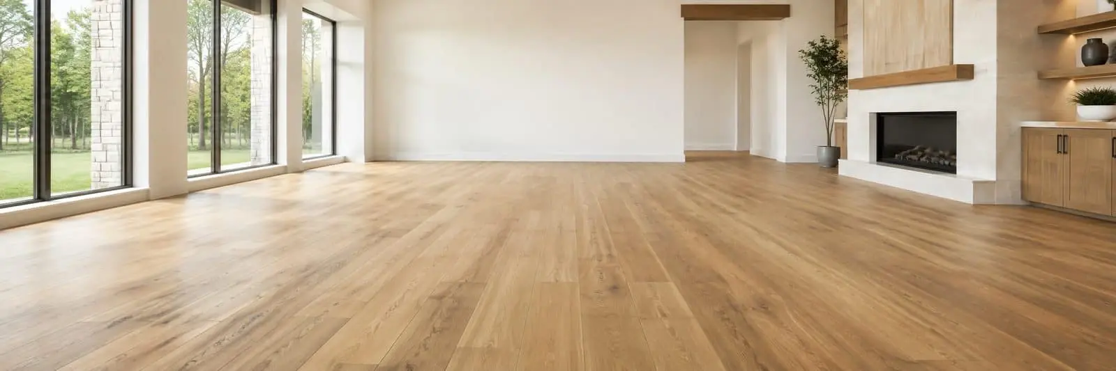 Wide oak floor in a bright living room with tall windows and a fireplace