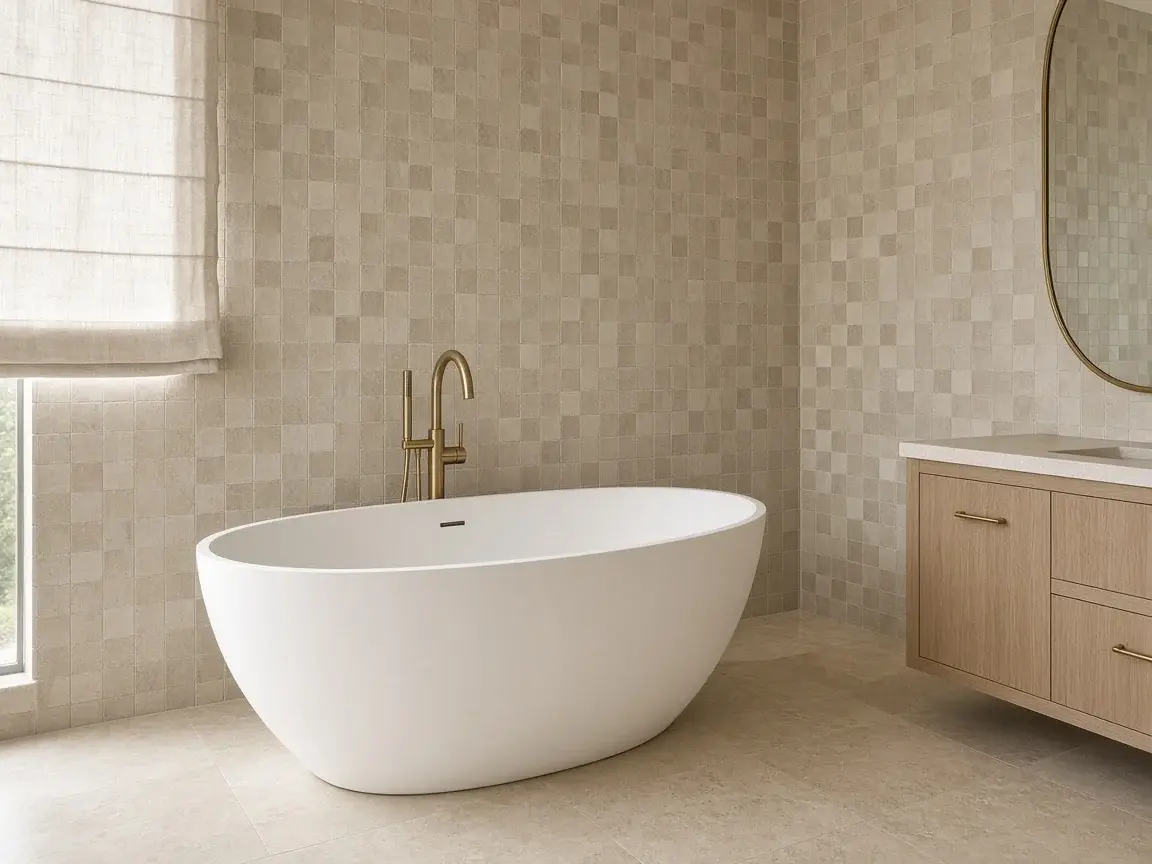 Freestanding soaking tub, sand zellige tile, and a brass floor-mounted filler