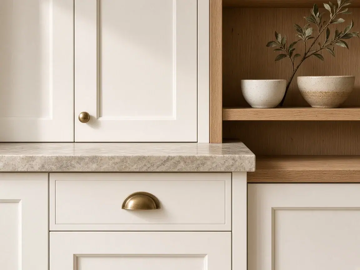 White shaker cabinets, a speckled stone counter, a brass cup pull, and an open oak shelf