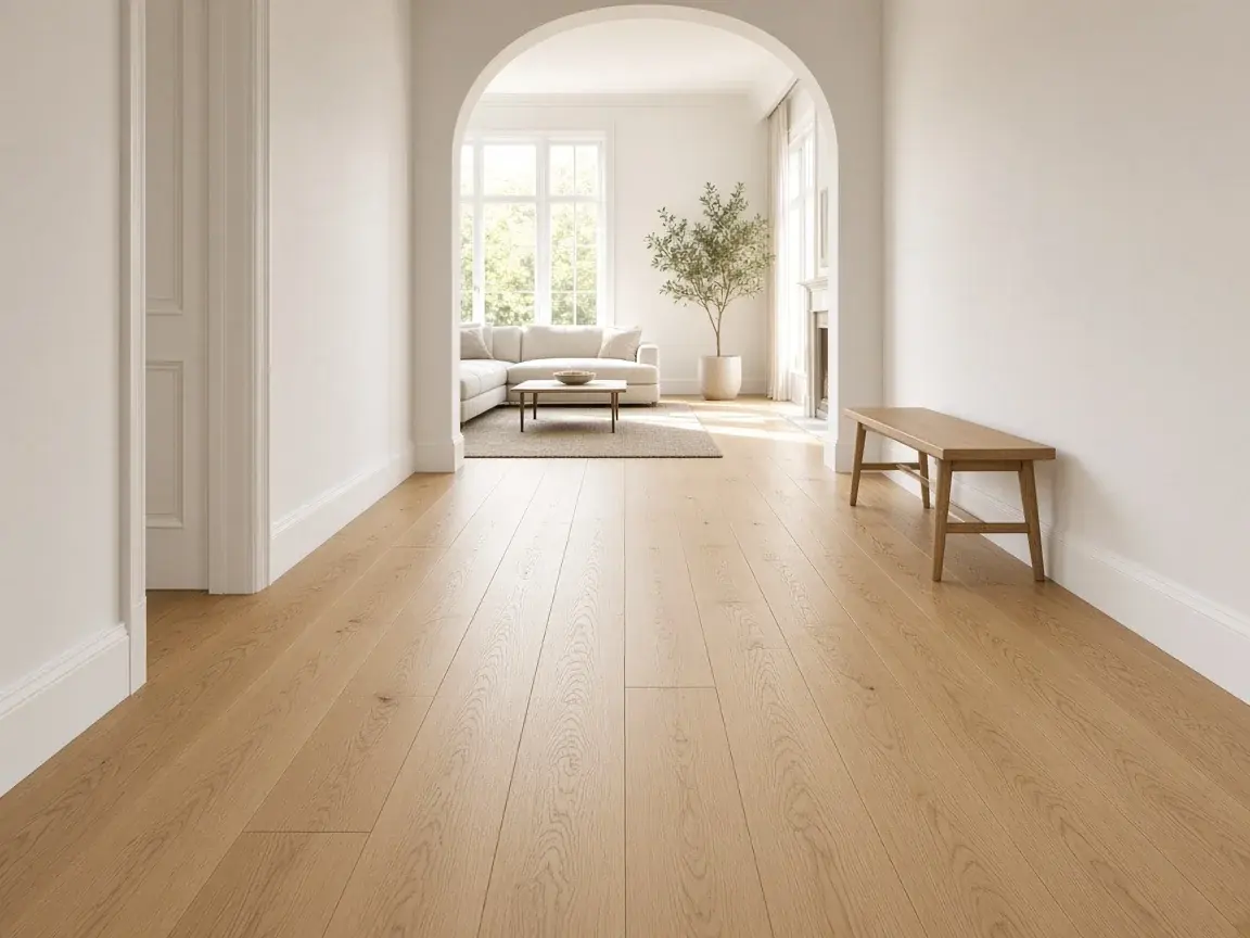 Wide-plank white oak floor running through a bright hall into a living room