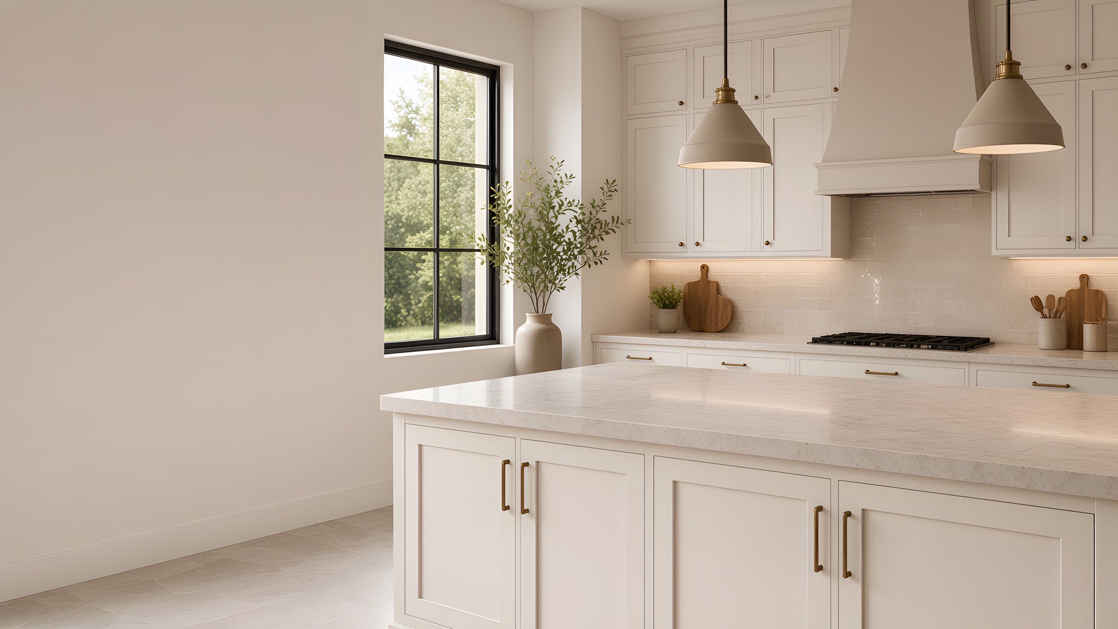 Cream shaker island with a quartz counter, brass pulls, and a plaster range hood