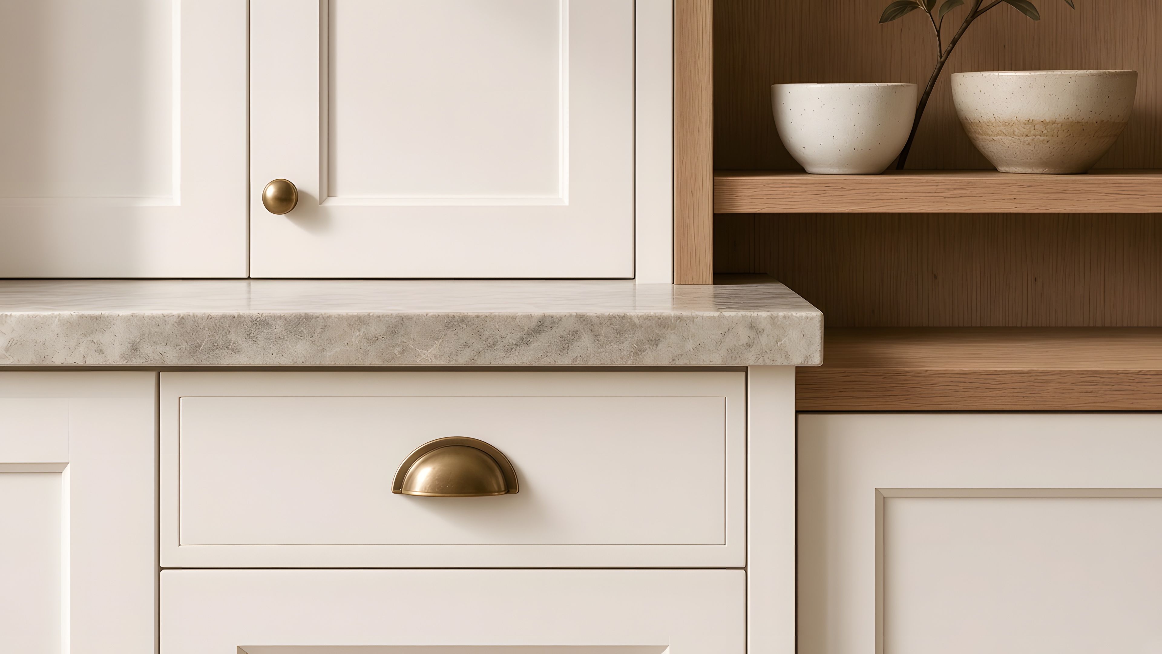 Speckled quartz counter between white shaker doors, a brass cup pull, and oak open shelves