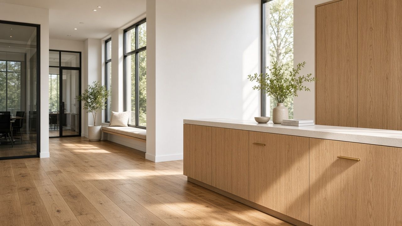 Commercial reception with a light oak desk, a quartz counter, and a wood floor continuing toward glass offices
