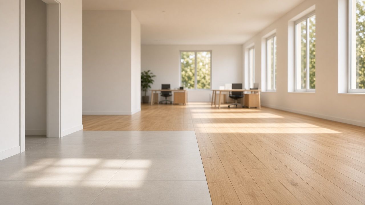 Open commercial office where large tile meets a light wood floor at the doorway