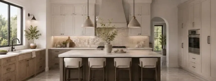 Cream kitchen with a large island, four stools, plaster range hood, and light stone floor