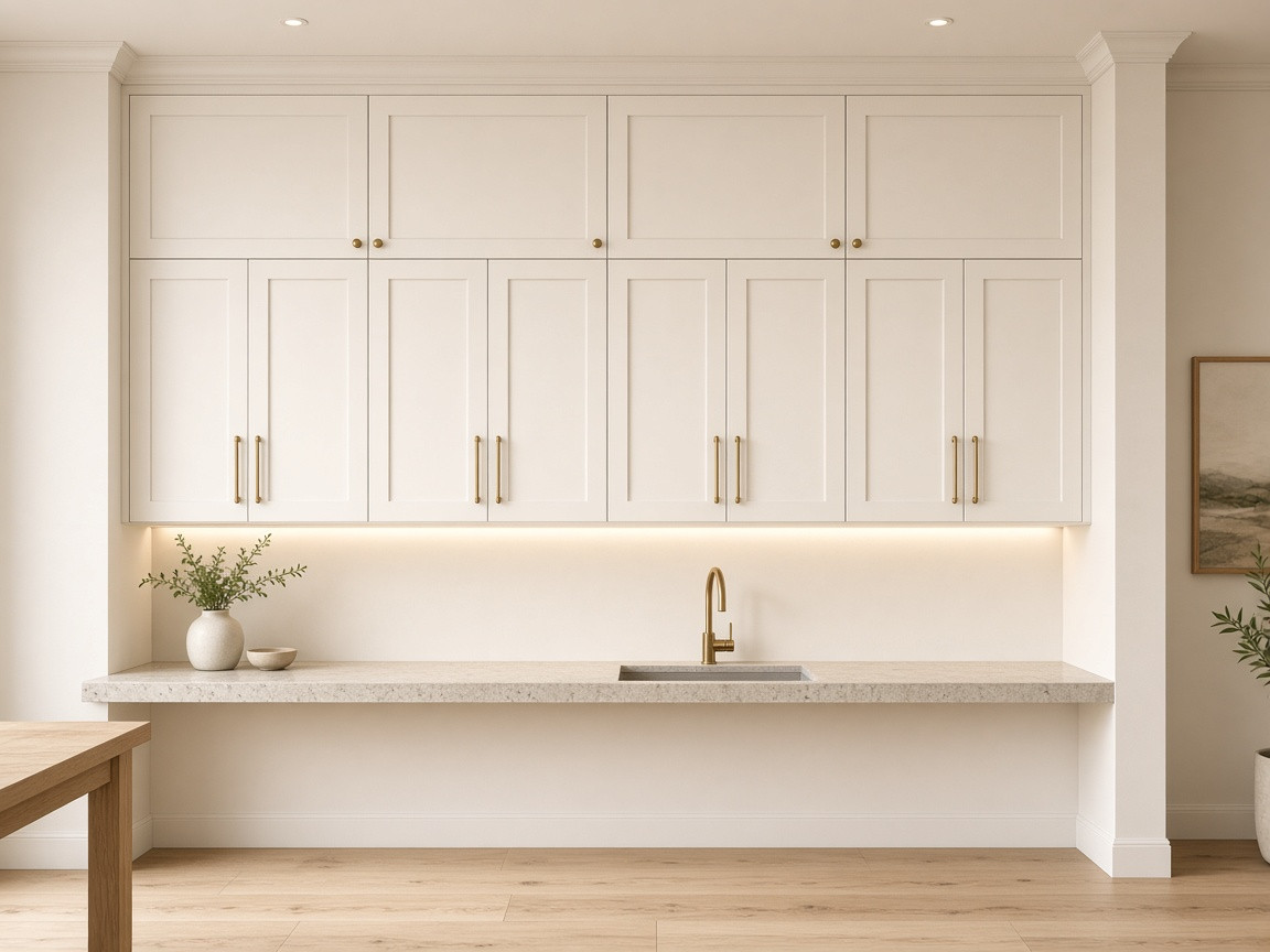 Floor-to-ceiling white pantry cabinets with brass pulls and a long stone counter in a commercial break room