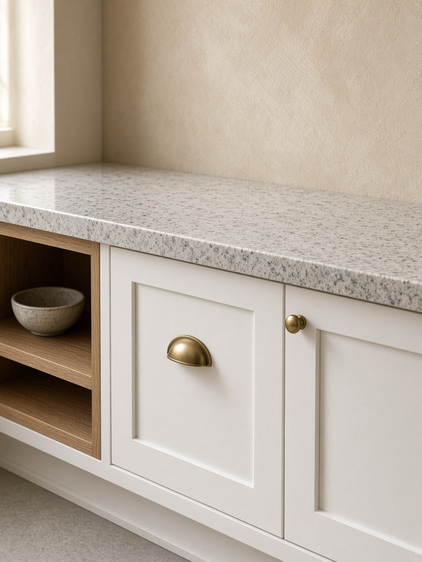 White commercial casework with a speckled stone counter, a brass cup pull, and an open oak shelf