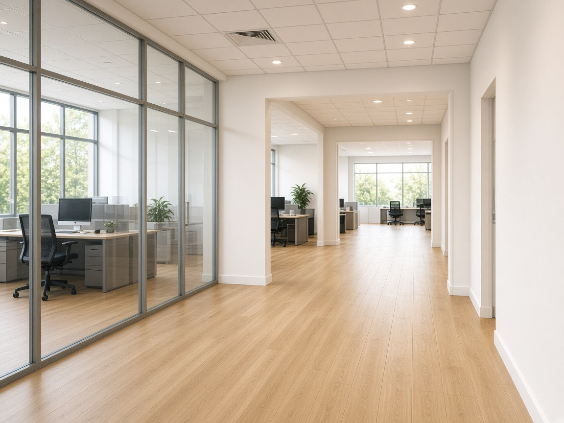Light oak flooring running through a commercial office corridor and glass-walled workrooms