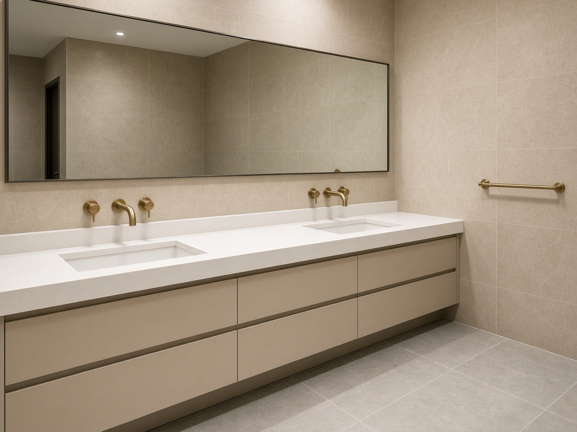 Commercial restroom with a long double vanity, brass wall-mounted faucets, and large-format stone tile