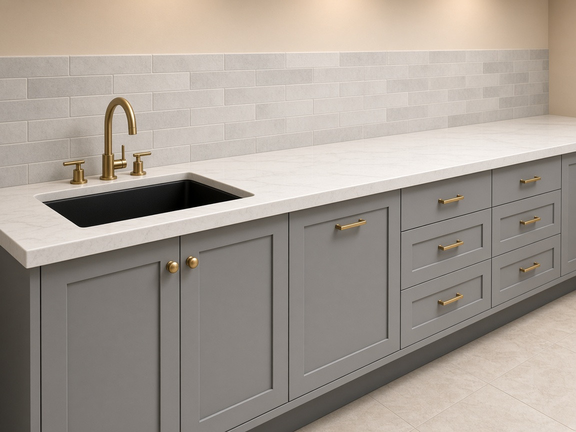 Commercial service counter with a light gray subway tile backsplash, white stone top, gray cabinets, and a black sink