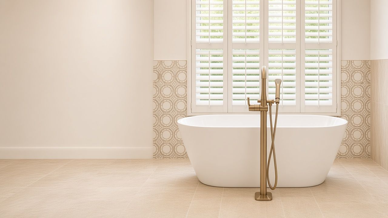 Freestanding white soaking tub with a champagne-gold floor filler, plantation shutters, and patterned sand tile