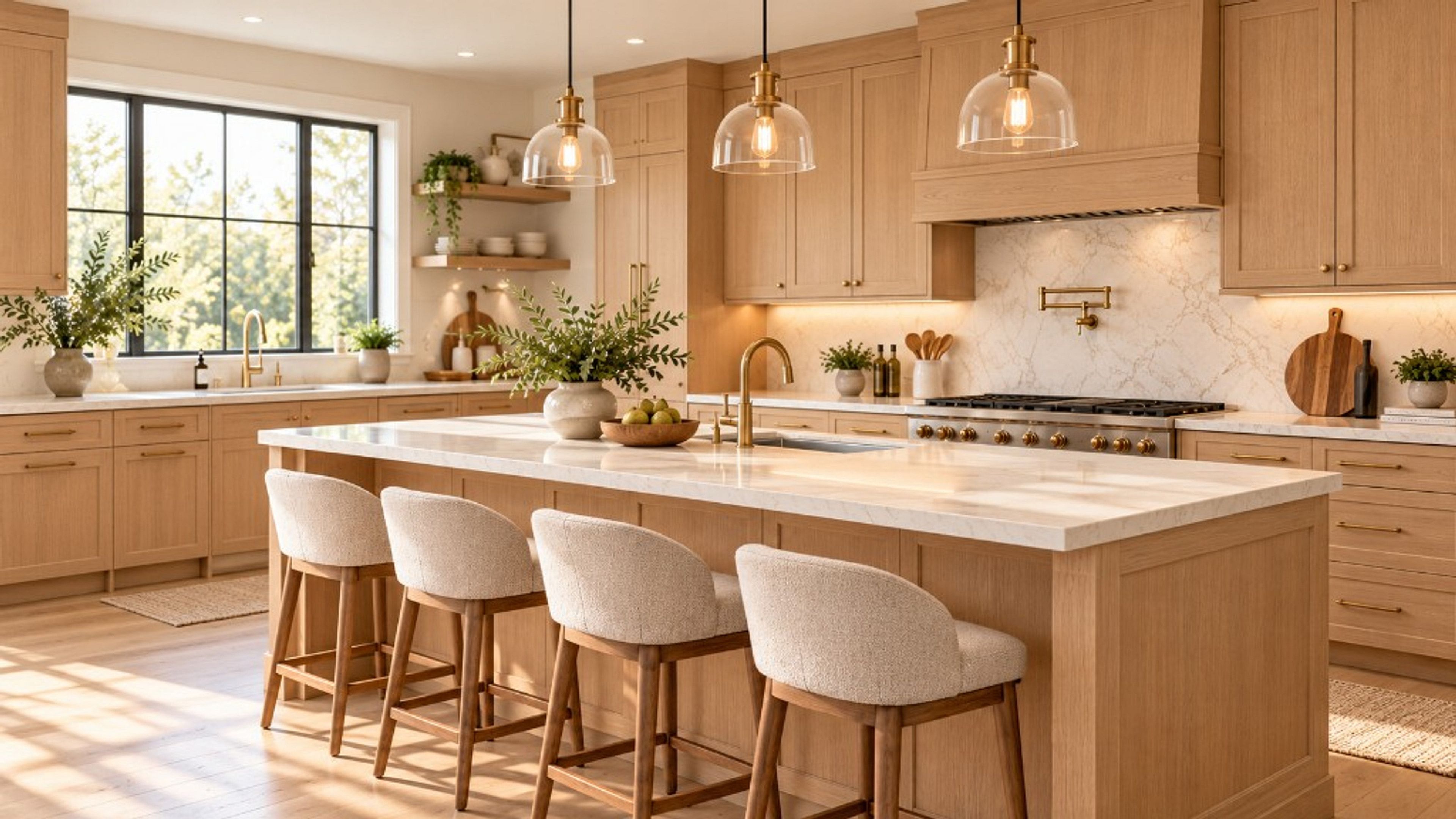 Light oak kitchen with a marble island, glass pendants, and a black-framed window