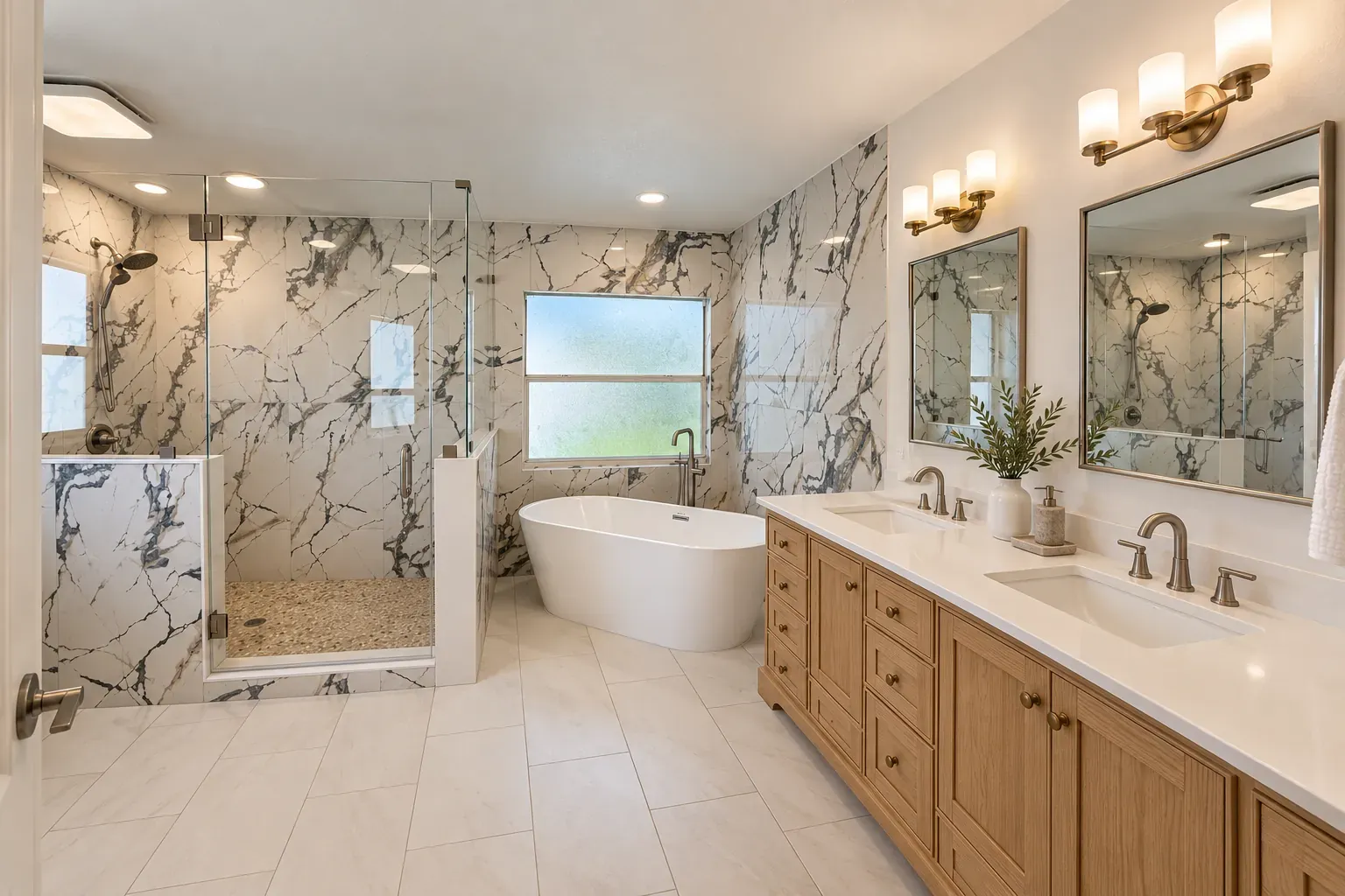 Marble-look walk-in shower with a glass enclosure beside a freestanding tub and an oak double vanity