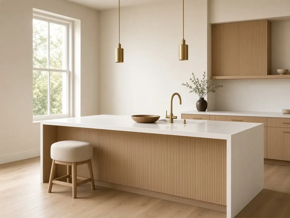 Warm oak kitchen with a waterfall quartz island, brass pendants, and morning light